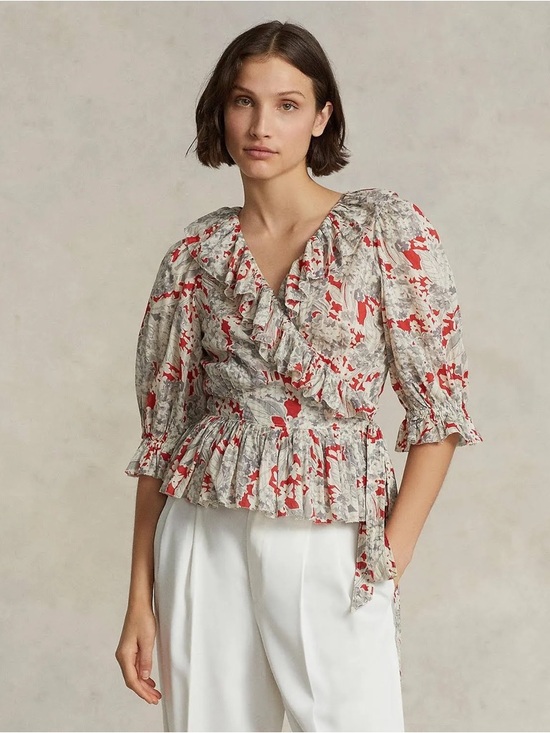 Polo Ralph Lauren Tops - POLO RALPH LAUREN Evee Ruffled Floral Cotton Voile Wrap Top Red Gray Size S
